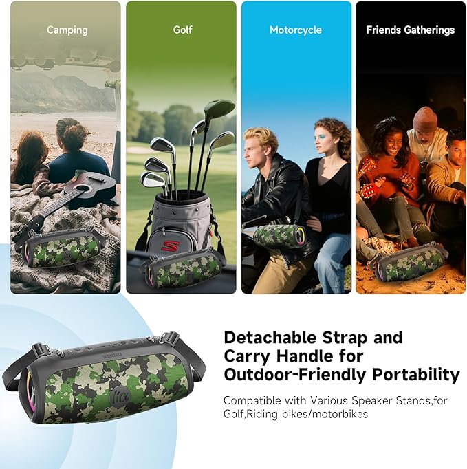 Portable Bluetooth Speaker 60W RMS,90W Peak Loud Subwoofer Wireless Stereo with HD Sound,8H Playtime IPX7 Waterproof for Party cmaping Beach (CAMO-60W RMS/90W Peak)