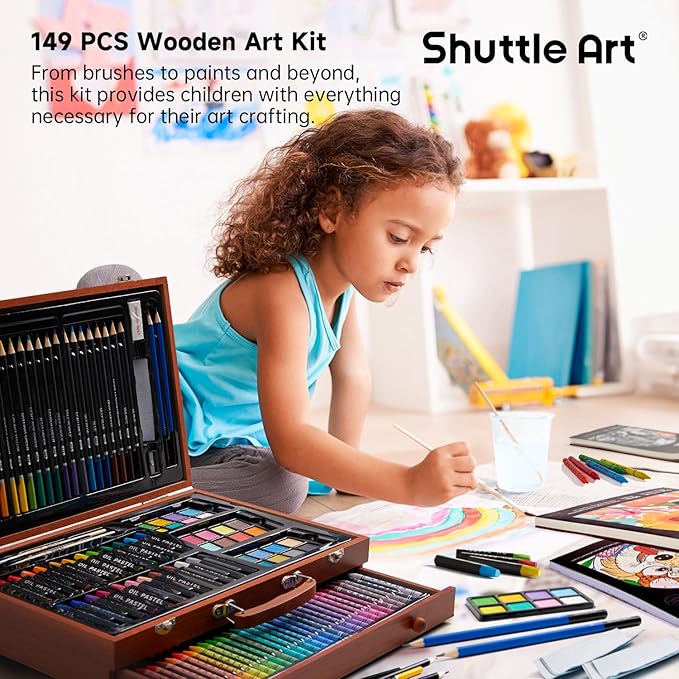 Shuttle Art 149 Piece Deluxe Art Set, Art Supplies in Wooden Case, Painting Drawing Art Kit with Crayons Colored Pencils Oil Pastels Watercolor Cakes Coloring Book Sketch Pad for Kids Adults