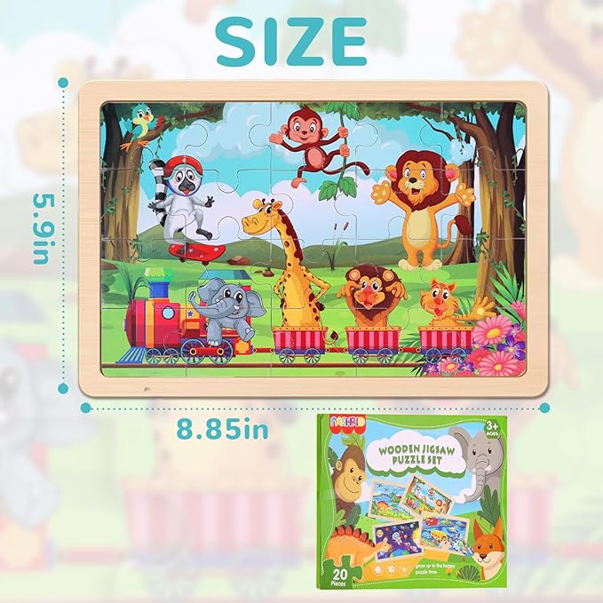 Wooden Educational Jigsaw Puzzles for Preschool Kids Ages 3-5, 4-Pack with 20 Pieces Dinosaur, Space, Transportation Wood Puzzles Set, Toddler Brain Teaser Toys, Gifts for Boys Girls Ages 3 4 5 6