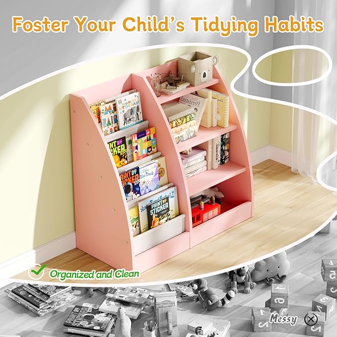 4 Tier Kids Bookshelf,4 Layer Sling Kids Book Shelf for Kids Rooms,Wood Children Bookcase,Baby Storage Book Rack,Toddler Bookshelf, Book and Toy Organizer,Book Display Shelf for Bedroom, Nursery