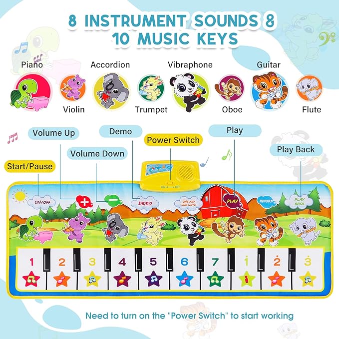 M SANMERSEN Piano Mat, 39.5" X 14" Musical Mat 8 Instrument Sounds Piano Mat for Toddlers Touch Play Dancing Mat Toy for 1 2 3 Year Old Girls Boys Gifts