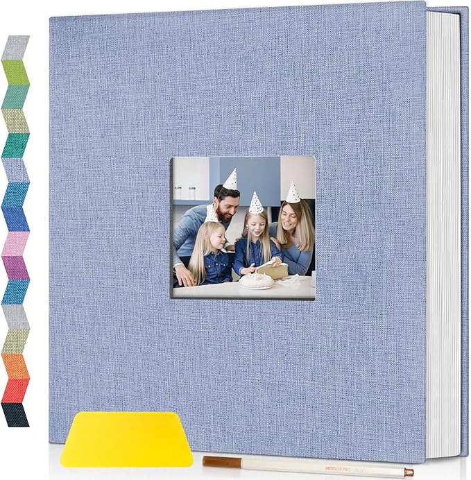 popotop Photo Album Self Adhesive with Picture Display Window,40 Pages DIY Scrapbooking Supplies Kit for 4x6 8x10 Picture,Linen Cover Memory Book for Baby Wedding, with Scraper and Metallic Pen