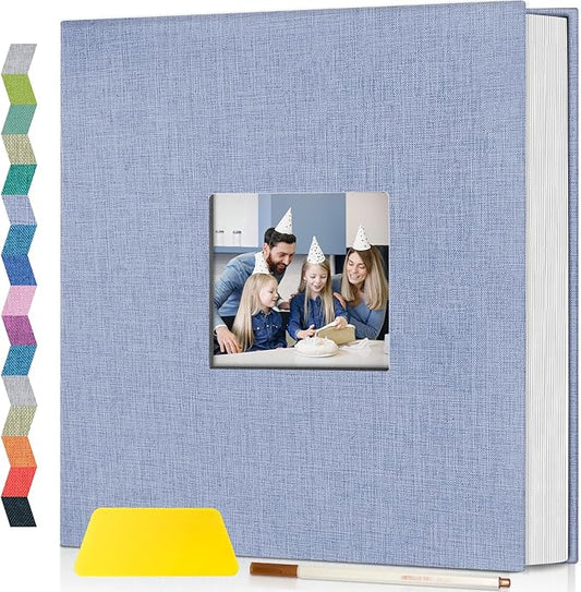 popotop Photo Album Self Adhesive with Picture Display Window,60 Pages DIY Scrapbooking Supplies Kit for 4x6 10x12 Picture,Linen Cover Memory Book for Baby Wedding, with Scraper and Metallic Pen