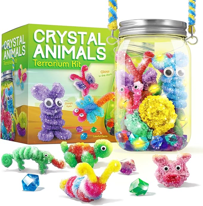XXTOYS Crystal Growing Terrarium Kit - Crafts for Girls Ages 8-12- Create 12 Animals Science Kit for Kids - Light-Up Crystal Lantern Kit– STEM Toys for 7-12 Great Birthday Gifts for Boys & Girls