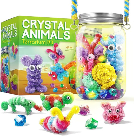 XXTOYS Crystal Growing Terrarium Kit - Crafts for Girls Ages 8-12- Create 12 Animals Science Kit for Kids - Light-Up Crystal Lantern Kit– STEM Toys for 7-12 Great Birthday Gifts for Boys & Girls