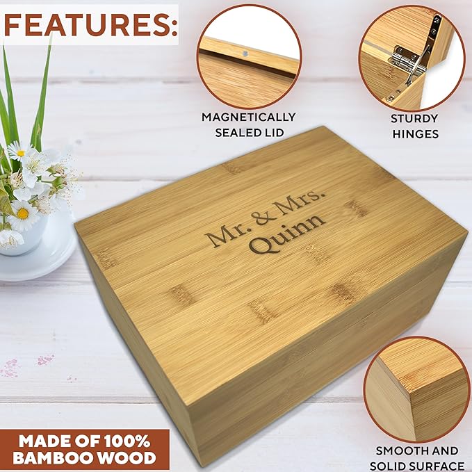 Personalized Wooden Keepsake Box with Hinged Lid, Unique Memory Box with Custom Message, Large Decorative Storage for Keepsakes, Romantic Couple Gift on Anniversary or Wedding, 11x8x4,75 in