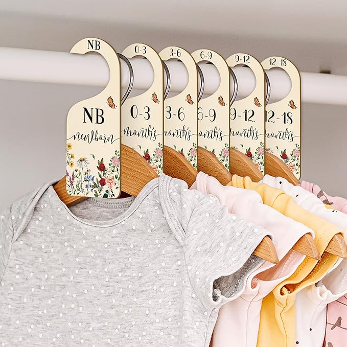 Whaline 8Pcs Vintage Wildflower Hanging Wood Baby Closet Size Dividers and Organizer - Newborn to 24 Months - Thicken Wardrobe Organizer for Home Nursery