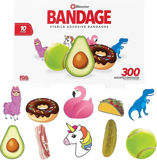 BioSwiss Bandages, Assorted Animal, Fun, and Food Shaped Self Adhesive Bandage, Latex Free Sterile Wound Care, 300 Count