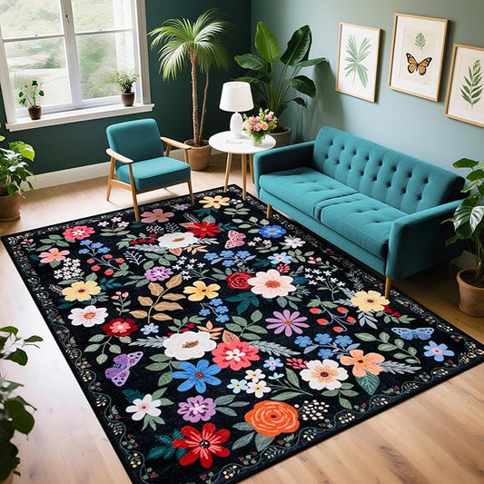 6x9 Area Rugs for Living Room: Floral Washable Rug Vintage Large Soft Boho Non-Slip Carpet Indoor Floor Stain Resistant Thin Carpets for Bedroom Dining Room Farmhouse Nursery Hallway Home Office Black