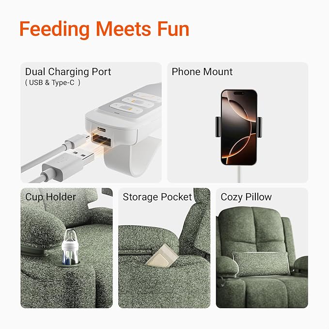 Rocking Chair Nursery with Adjustable Armrests, Electric Glider Recliner Nursing Chair for Breastfeeding, Power Swivel Recliner Chairs with USB Port and Storage, FSC Certified (Moss, Fabric)