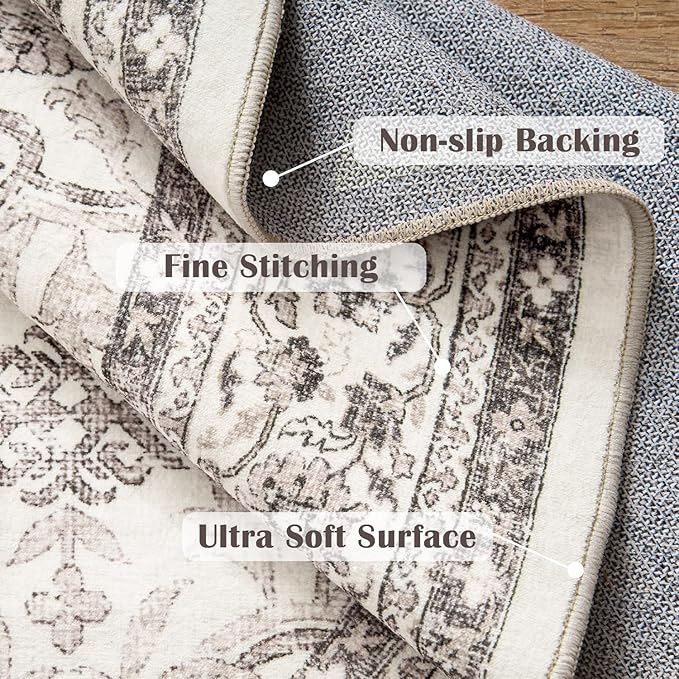 jinchan Round Rug 6ft Washable Circle Soft Rug - Low Pile Vintage 6'Round Indoor Beige Floral Print Stain Resistant Boho Carpet Ultra-Thin Non-Slip for Living Room Nursery Bedroom Dining Room Kitchen