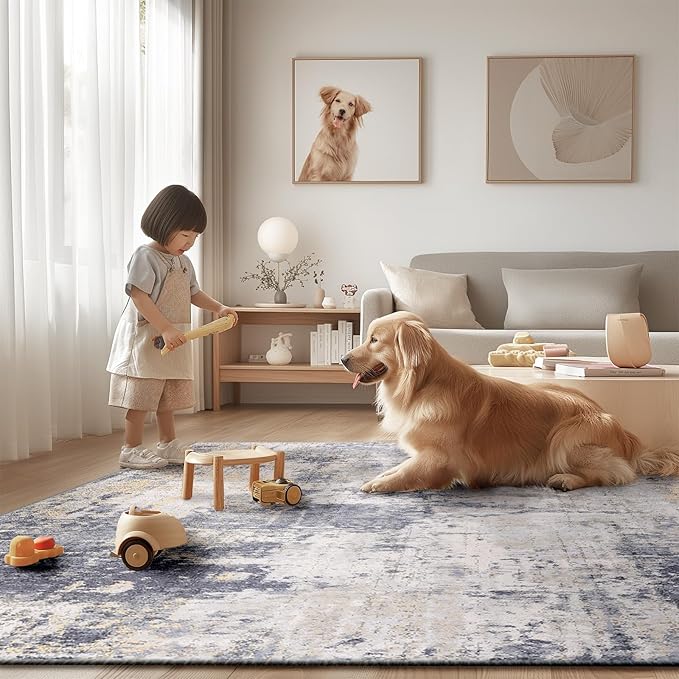 Washable Area Rugs 2'x8' Non-Slip Modern Abstract Soft for Living Room Entryway Bedroom Nursery, Print Pattern, Purple Grey Cream Yellow