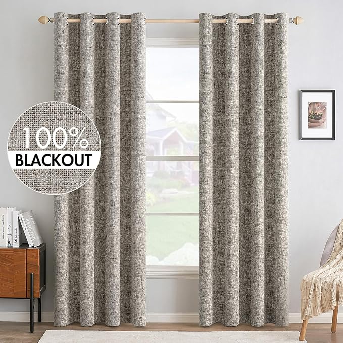 MIULEE Linen Texture Curtains for Bedroom Solid 100% Blackout Thermal Insulated Linen Curtains Grommet Room Darkening Curtains/Draperies for Living Room Nursery 52x96 Inch (2 Panels)