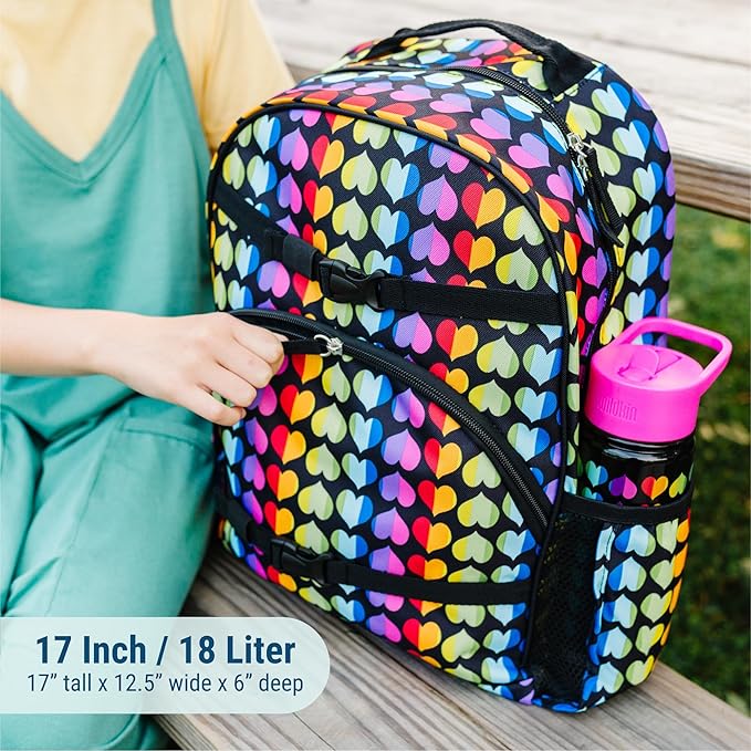 Wildkin ECO rPET 17-inch Large Backpack – Sustainable, Padded, Adjustable – Rainbow Hearts