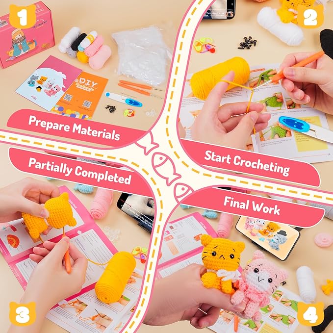 Crochet Kit for Beginners - Cat Crochet Kit with Step-by-Step Video Tutorials, Learn to Crochet Kits for Adults and Kids, 4 PCS Crochet Animals Cat with Hat, Toy, Fish Crocheting Set