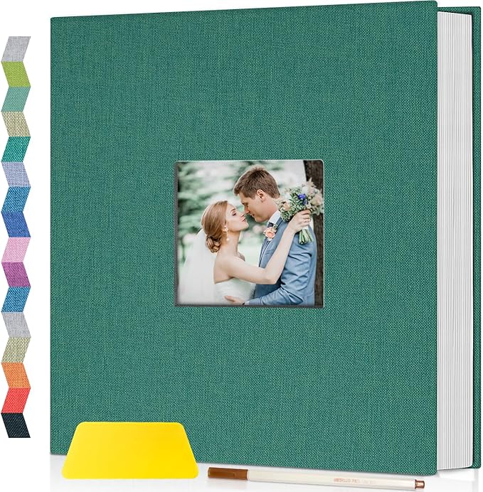 popotop Photo Album Self Adhesive with Picture Display Window,40 Pages DIY Scrapbooking Supplies Kit for 4x6 8x10 Picture,Linen Cover Memory Book for Baby Wedding, with Scraper and Metallic Pen