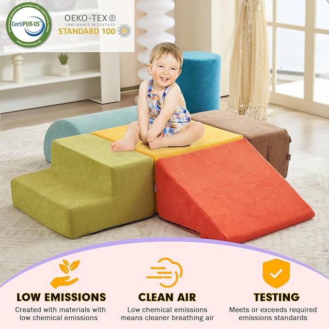 jela Foam Blocks 6Pcs Soft Play Equipment Luxury Miss Fabric, Toddler Climbing Toys Indoor Soft Play Climbing for Toddlers, Lightweight Climbing Blocks for Babies, Kids, Climb and Crawl Foam Playset