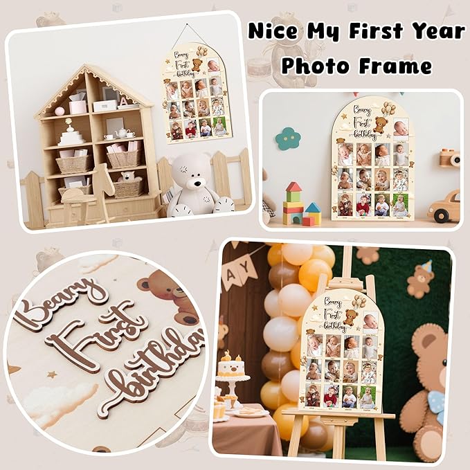 R HORSE My First Year Photo Display Wood Board - 3D Brown Bear Baby's First Year Picture Frame, 12 Months Beary Milestone Board Neutral Baby Keepsake Gift 1st Birthday Nursery Decor for Boy Girl