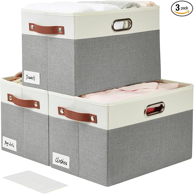 Large Collapsible Fabric Storage Bins with 3 Handles, Foldable Organizer Baskets for Closet, Shelves, Living Room | 3 Pack, Durable PU & Metal Handles (14.9"x9.8"x9.8", Gray & White)