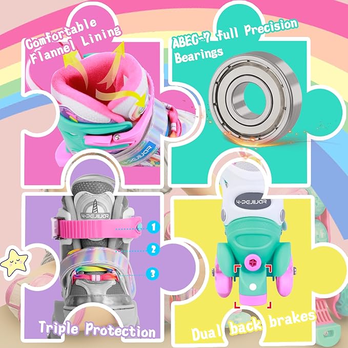 4-Pejiijar Rainbow Unicorn Kids Roller Skates for Girls Toddler Ages 2-4 5-8 8-12,Adjustable Roller Shoes with Luminous Wheels for Birthday Xmas Gifts