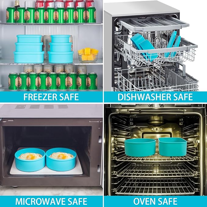 Nesting 100% Silicone Food Storage Containers with Lid & Measuring Line, 6 Pack, Leakproof Stackable Hard-Shell Silicone Containers for Food Lunch Snack, Microwave Oven Freezer Dishwasher Safe, Blue