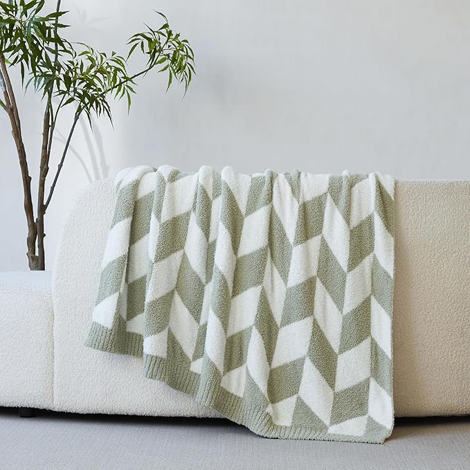 Snuggle Sac Chevron Throw Blanket for Couch, Reversible Super Soft Warm Blankets Cozy Knit Fuzzy Plush Lightweight Throws for Sofa, Bed, Camping, Green,50x60 inches