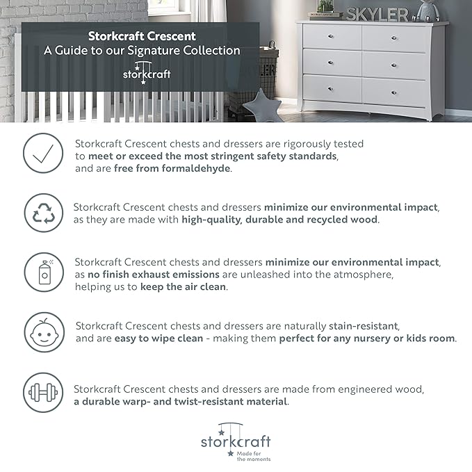 Storkcraft Crescent 6 Drawer Double Dresser (Pebble Gray) – GREENGUARD Gold Certified, Nursery Dresser for Kids Bedroom