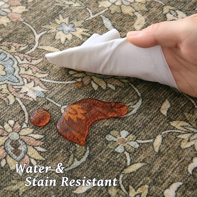 Washable 3x5 Entryway Rug Indoor, Boho Non-Slip Silicone Backing Small Rugs for Kitchen Nursery Office Bedroom, 0.3" Neutral Oriental Throw Carpet with 0.16" Cushioning Pad, Flaxen/Multi