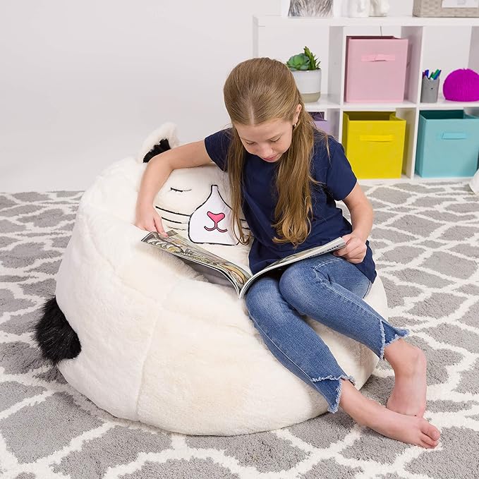 Posh Creations Cute Soft and Comfy Bean Bag Chair for Kids, Large, Animal - Ivory Cat