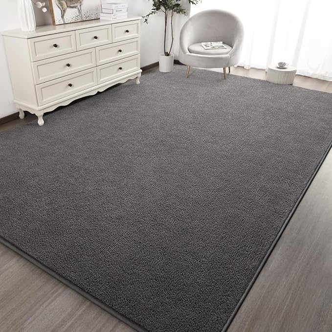 Kimicole 6x9 Washable Area Rugs for Living Room Bedroom, Large Low Pile Ulta-Thin Solid Color Rug, Non-Slip Soft Fluffy Carpet for Nursery Kids Room Dorm Room Home Decor (Deep Grey)