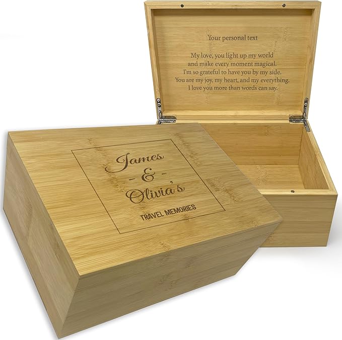 Travel Keepsake Box - Personalized Travel Couple Gift, Bamboo Wood Chest Trunk for Couples, Our Adventure Memory Box, Keepsake Storage for Tickets, Custom Valentine's Gifts, 11 x 8 x 4.75 in