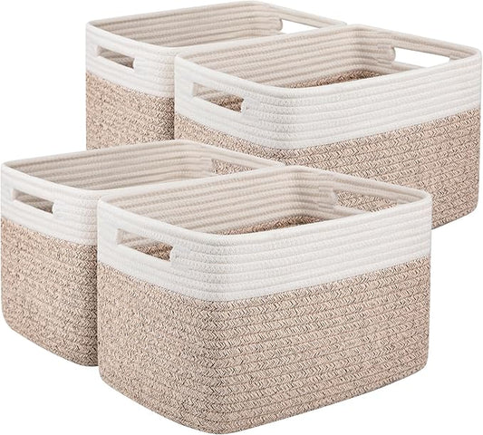 OIAHOMY 4 Pack Storage Baskets for Organizing, Basket for Shelves with Handle, Woven Baskets for Storage Toys, Towels, Books, Cotton Rope Basket 13" L x 9 " W x 7.8 " H, Brown & White