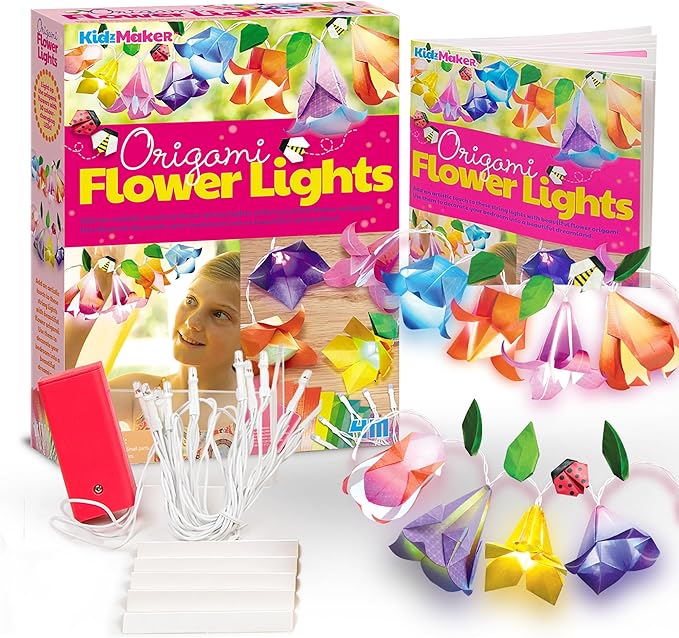 KidzMaker - Origami Flower Lights - DIY Craft Kit for Kids - Make Beautiful Flower-Shaped Origami Paper Kit Lights - Includes Colorful Papers & LED Lights - Fun Creative Activity for Room Decoration