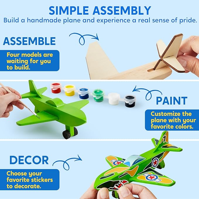 Klever Kits 4 DIY Wooden Aircrafts-Build & Paint Your Own Wooden Airplane Craft Kit, Art & Craft Kit DIY Projects, Easy to Assemble Birthday Gifts for Boys 6-12 Year Old
