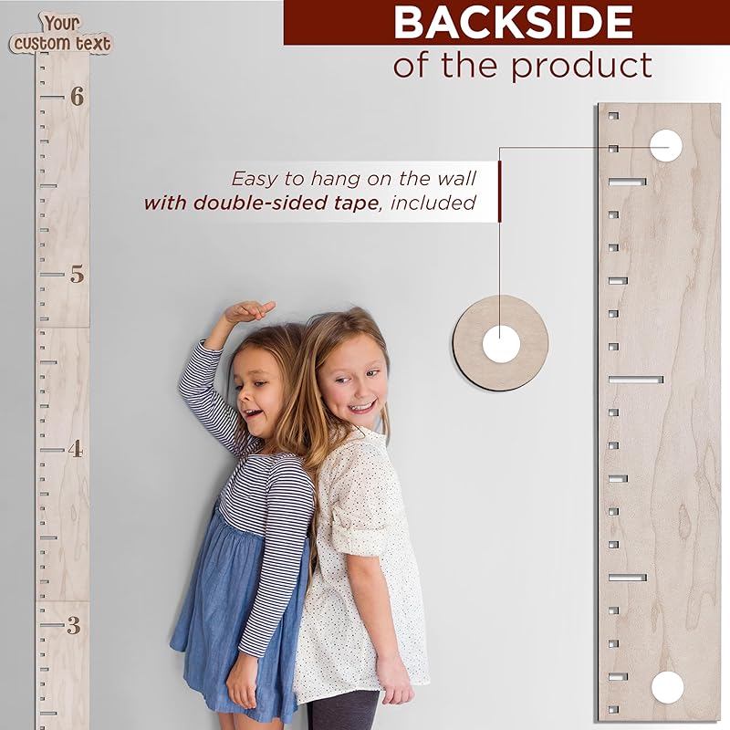 Personalized Wooden Ruler Growth Chart for Kids with Height Markers, Custom Name Growth Chart Hanging Decor for Baby Boy & Girl, Family Measuring Board Wood, Wall Meter for Children (56 in x 3,5 in)
