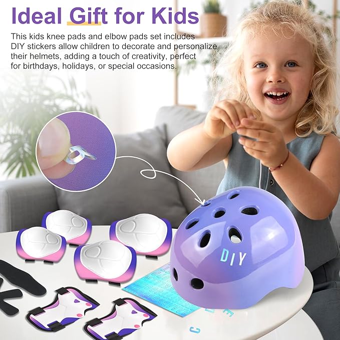 Vvinca Kids Toddlers Bike Helmet Adjustable for Ages 3-5-8 Years, Knee Pads and Elbow Pads Set Wrist Guard Sports Protective Gear Set for Roller Skate Bicycle Skateboard Scooter Girl Boy Birthday Gift