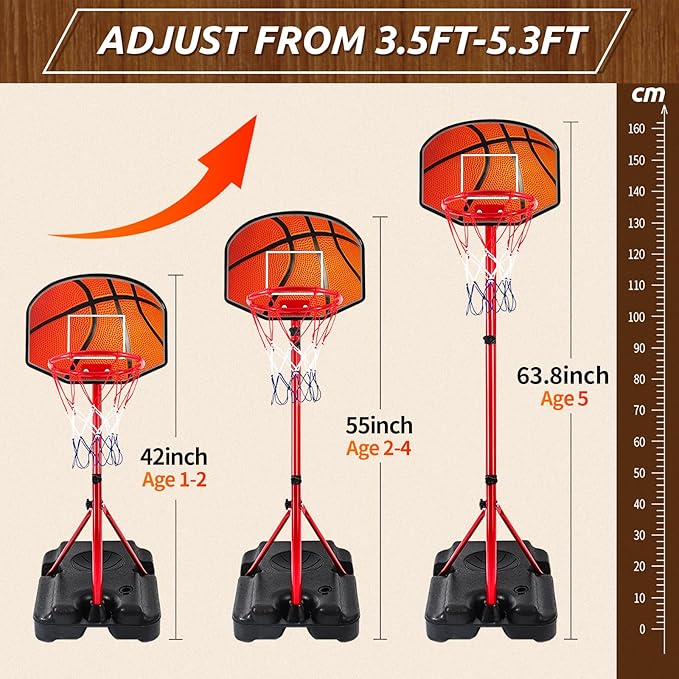 Kids Basketball Hoop for 1 2 3 4 5 6 Year Old Stand Adjustable Height 3.5ft-5.3ft Toddler Boy Basketball Hoop Indoor Mini Basketball Hoops Goal Ball Games Toys for Girl Boy Age 1-3 2-4 3-5