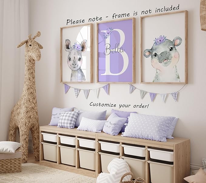 Personalized Safari Animals for Baby Girls Nursery, Set of 3 Unframed Poster Prints, Personalized Name Pink Lilac Floral, Girls Bedroom Decor, Elephant Giraffe (12x16)