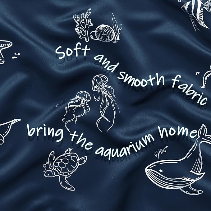 Vangao Kids Curtains for Boys Bedroom Kids Blackout Curtains 84 Inch Length Ocean Aquarium Nursery Drapes for Girls Bedroom Silver Sea Animals Print Thermal Insulated Drapes, Navy Blue 2 Panels