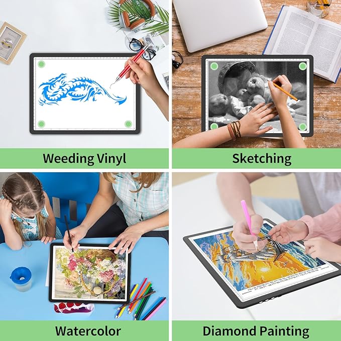 Phylosal Rechargeable A4 Light Pad with Carry Bag, Ultra-Thin Magnetic Tracing Light Box for Drawing, Diamond Art Painting Light Board with Side Button, Super Bright Light Table for Sketching (Black)