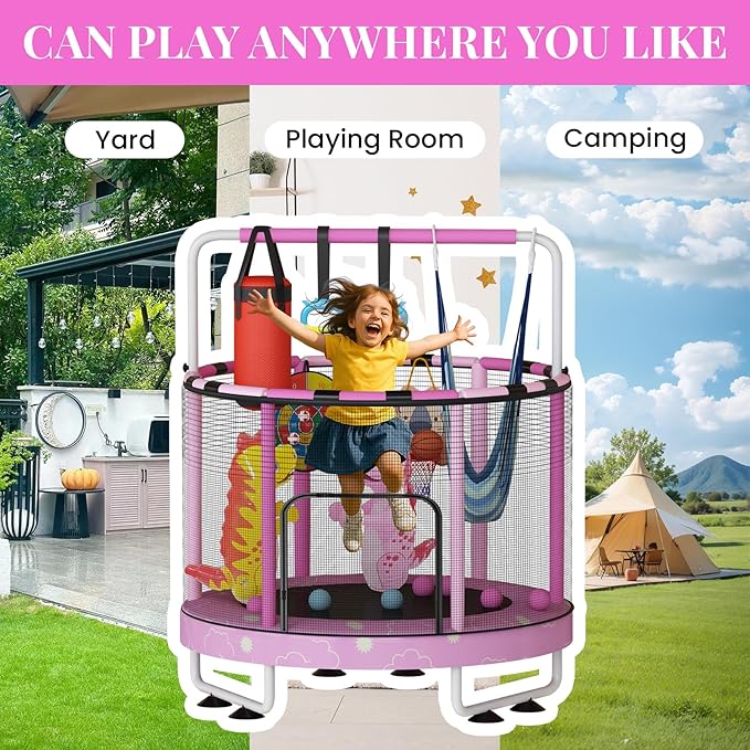 LAMERGE 55" 7-in-1 Round Trampoline for Kids Boys & Girls Ages 1-8, Indoor & Outdoor Trampoline for Fun, Adjustable Height Handrail ＆ Enclosed Safety Net ＆ Durable Designs for Toddlers Children