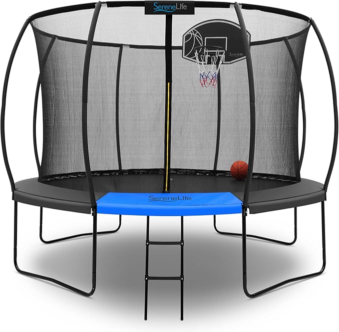 SereneLife 8FT 10FT 12FT 14FT Outdoor Trampoline for Kids - Recreational Backyard Trampoline with Curved Safety Poles and Net Enclosure- ASTM Approval for Kids Adults