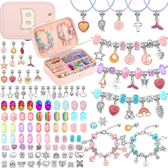 Girls Charm Bracelet Making Kit with Jewelry Box for Kids Charm Beads for Jewelry Making DIY Bracelet Craft Kit for Girls Age 8-12 Birthday Gifts Valentine Christmas