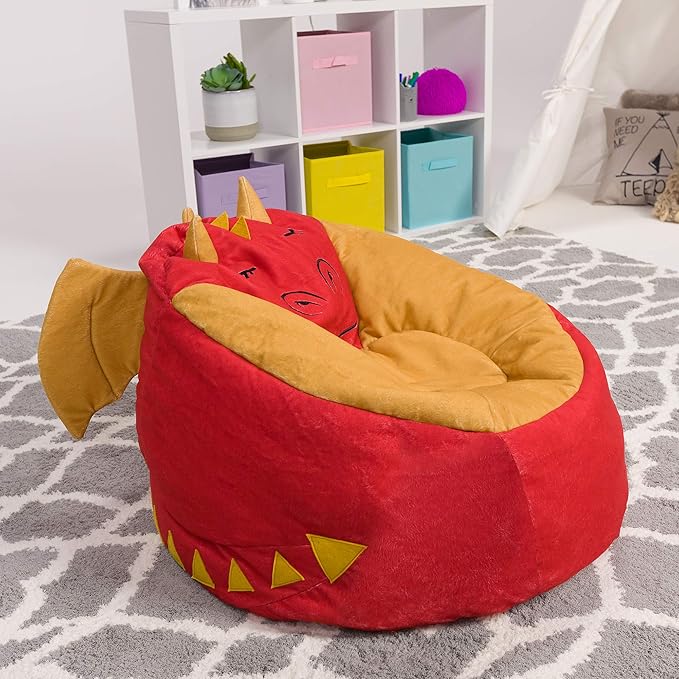 Posh Creations Cute Soft and Comfy Bean Bag Chair for Kids, Large, Animal - Red Dragon
