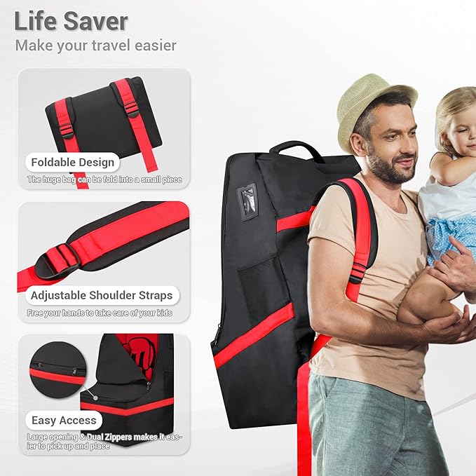 Car Seat Travel Bag - Padded, Comfortable, Durable, Roomy Gate Check Carseat Cover Backpack Fits 3-in-1，Convertible, Booster & Infant Car Seats for Airplane, Airport, Red