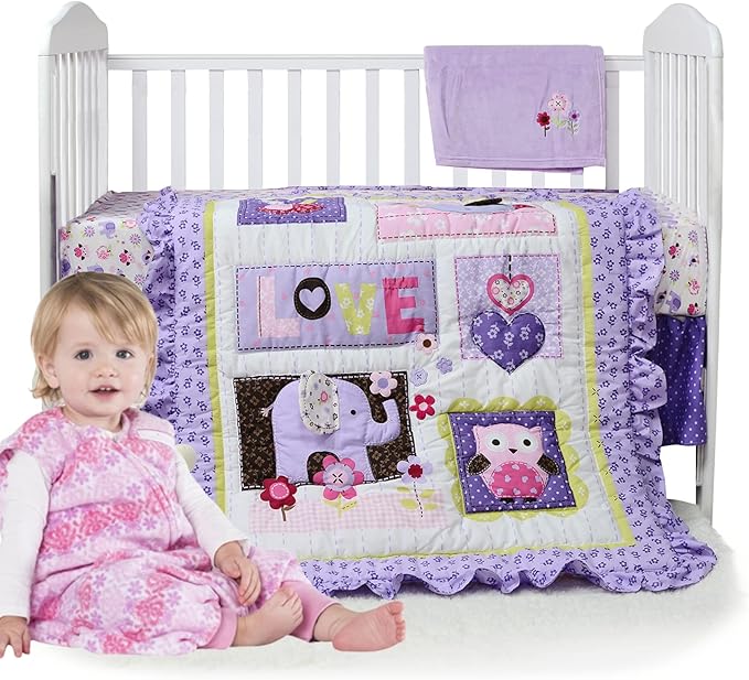 Brandream Crib Bedding Set 3 Pieces Purple Baby Girls Cotton Patchwork Flowers Elephant Owl Nursery with Ruffle Design, Princess Lovely Cute Breathable Healthy