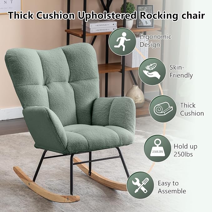 NIOIIKIT Nursery Rocking Chair Teddy Upholstered Glider Rocker Rocking Accent Chair Padded Seat with High Backrest Armchair Comfy Side Chair for Living Room Bedroom Offices (Olive Green)
