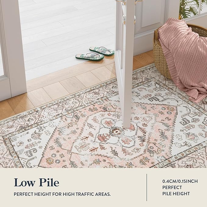 Lahome Boho Entryway Rugs Indoor - 2x3 Washable Area Rug Throw Small Rugs for Bedroom Girls Non-Slip Lightweight Bathroom, Vintage Print Floor Doormat Carpet for Kitchen Laundry Room (Pink, 2'x3')