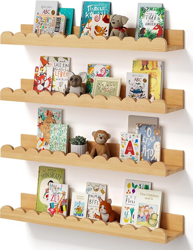 Scalloped Baby Book Shelf,Floating Shelves for Wall Set of 4 Natural Solid Pine Wood Nursery Bookshelves with Wave Lip for Bedroom Kids, Toddler Room, Baby Room, Nursery Decor(Natural,40cm)