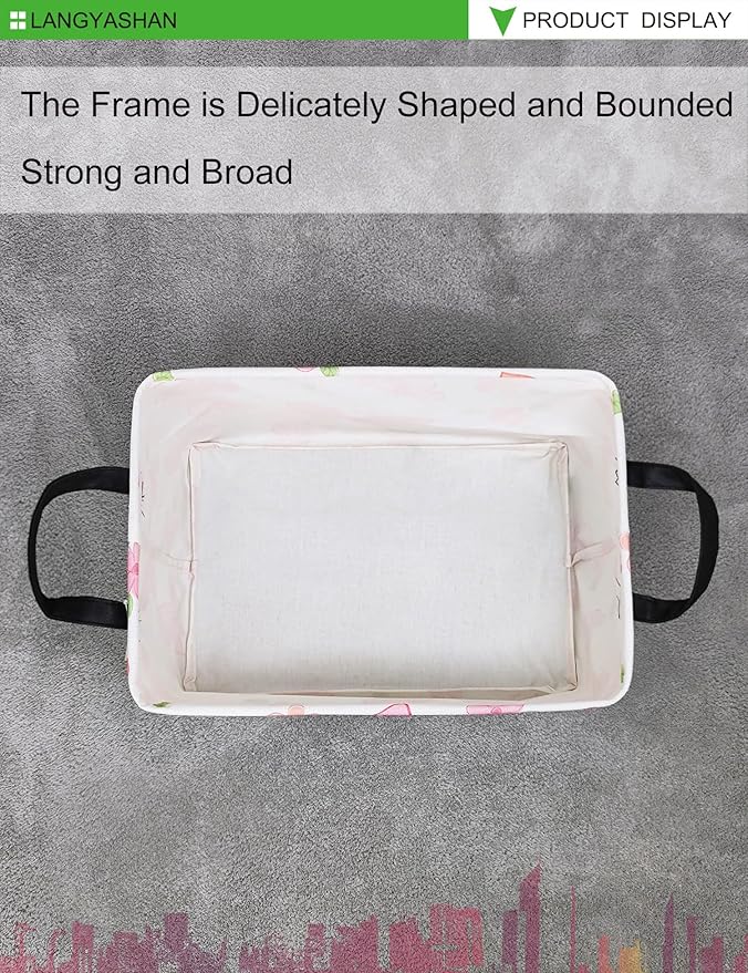 LANGYASHAN Rectangular Storage Bin Collapse Canvas Fabric Cartoon Storage Basket with Handles for Organizing Home Kitchen Boys and Girls Toys Office Closet Shelf Baskets (Rec Pink Butterfly)